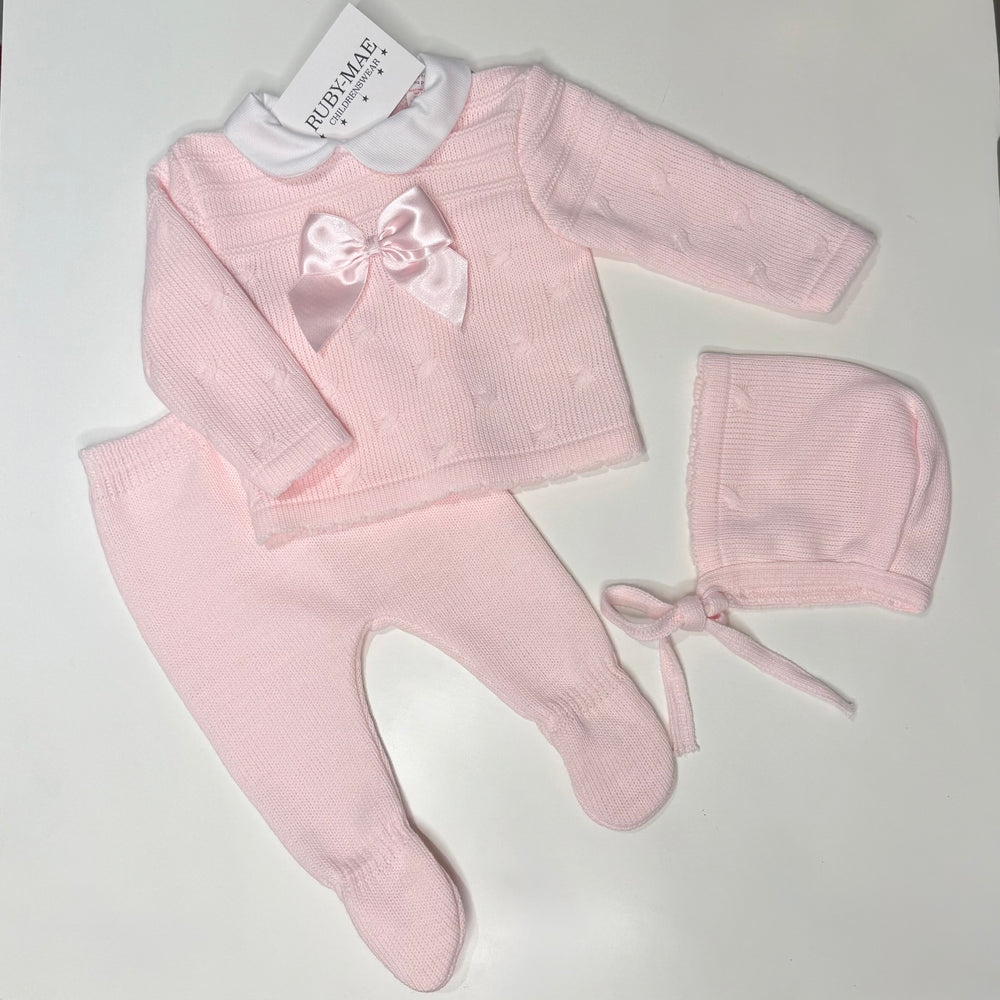 Baby Pink Knitted Bow Jumper & Pants Outfit With Matching Hat - Harper
