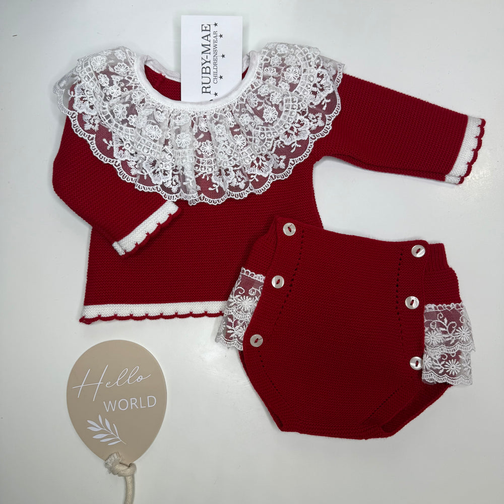 Red & White Lace Knitted Jumper & Bloomers - Lucy