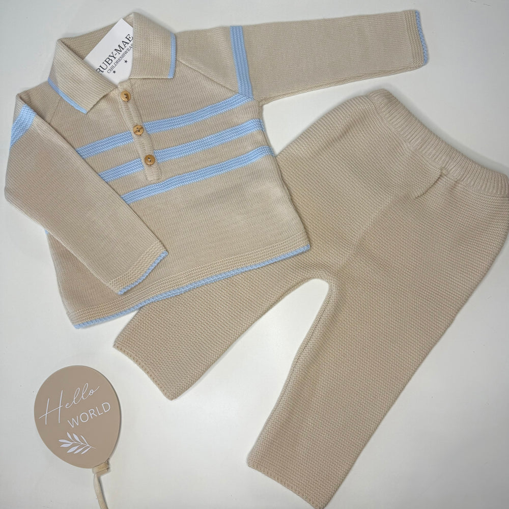 Camel & Blue Stripe Knitted Jumper And Pants Outfit - Bailey