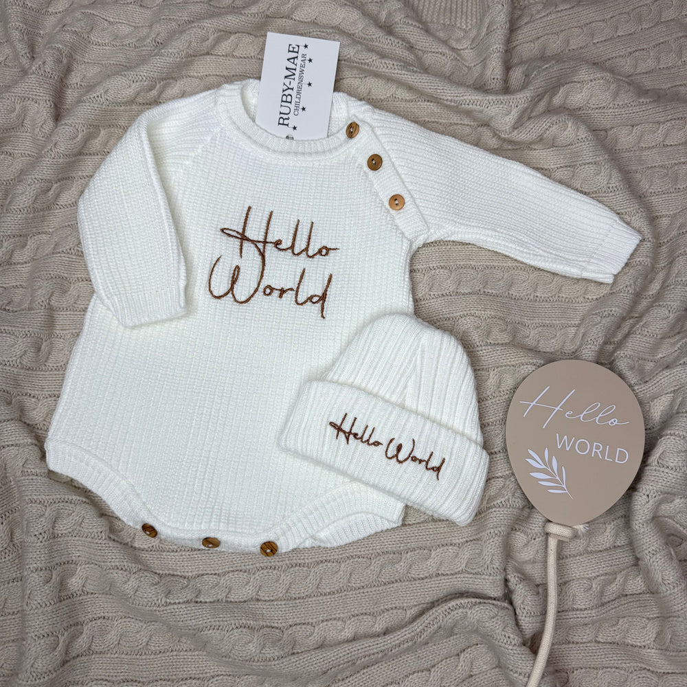 Romper Hello World Baby Boy Coming Home Outfit White Knitted Hello