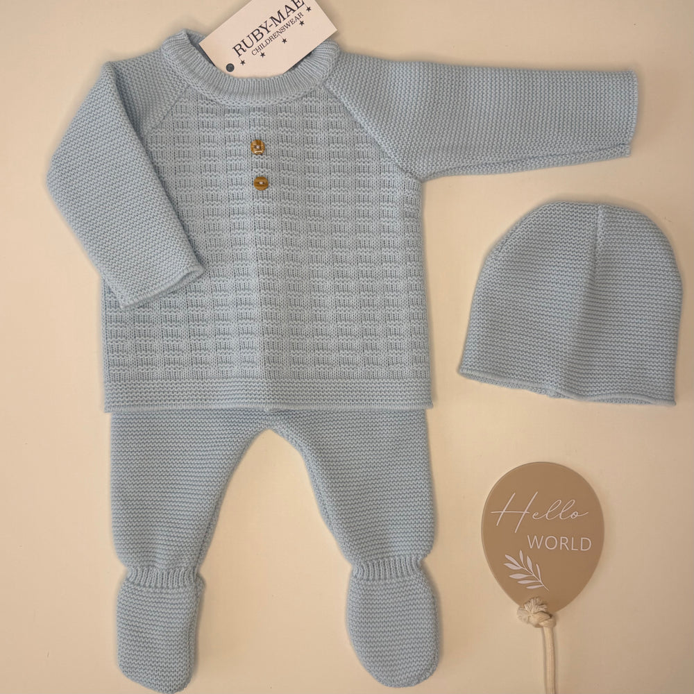 Baby Blue Knitted Jumper & Pants Outfit With Matching Hat - Jake