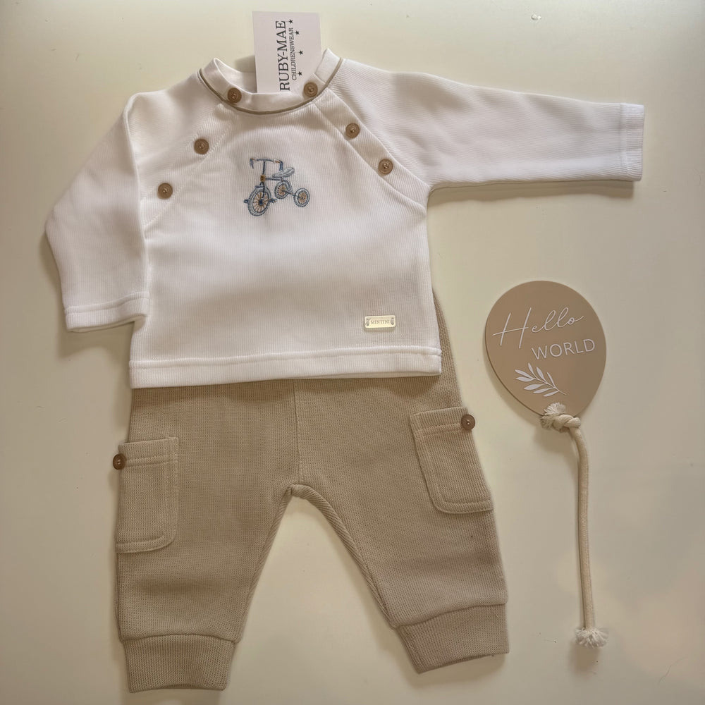 Mintini Baby Camel & White Bike Top & Pants Tracksuit - Reggie
