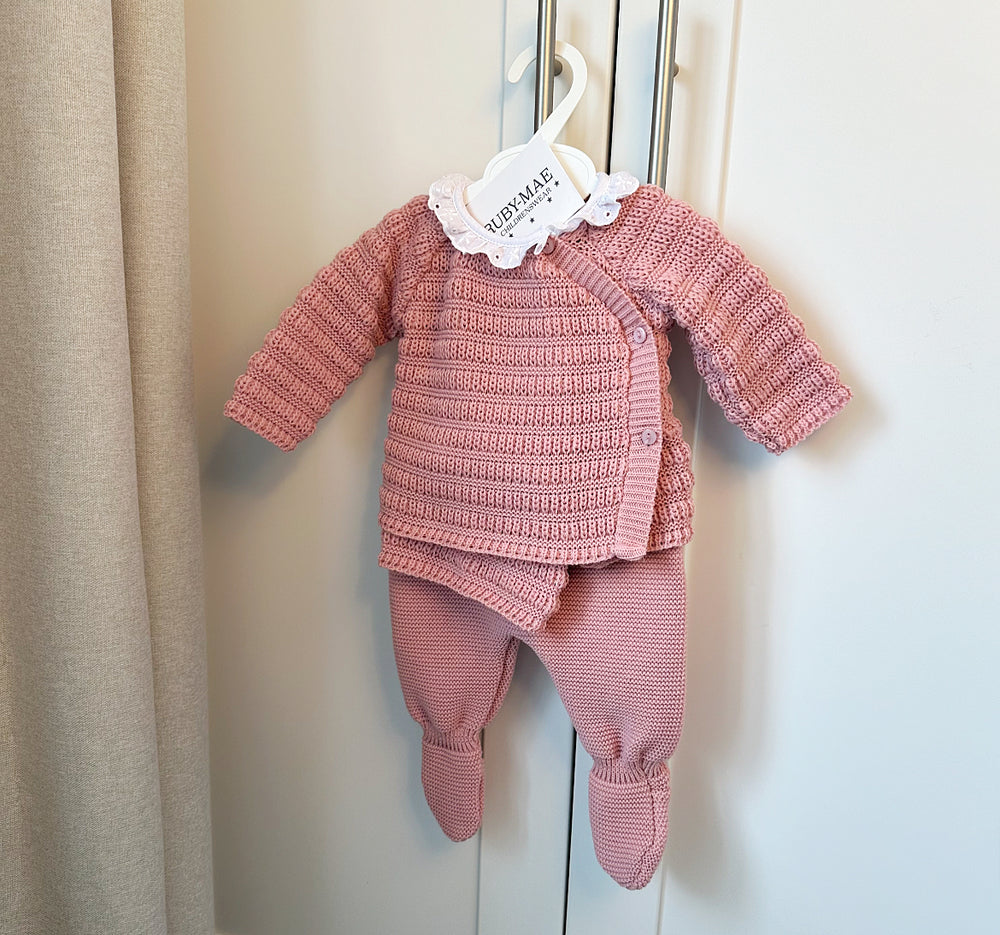 Dusky Pink Knitted Jumper & Pants Outfit With Matching Hat - Amelia