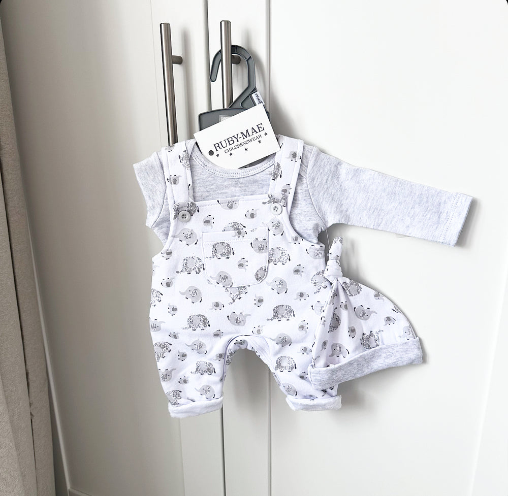 TINY BABY - White Elephant Dungaree & Matching White Jumper