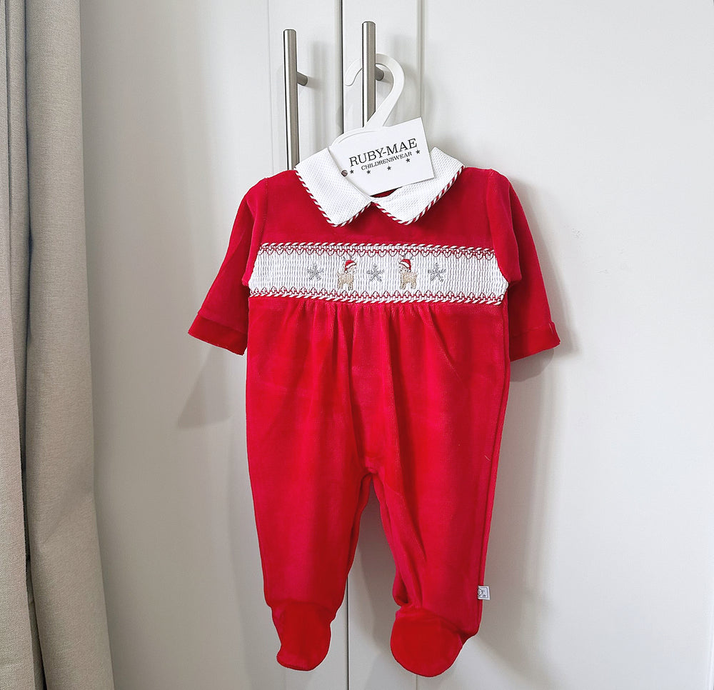 UNISEX Red Velour Reindeer Babygrow