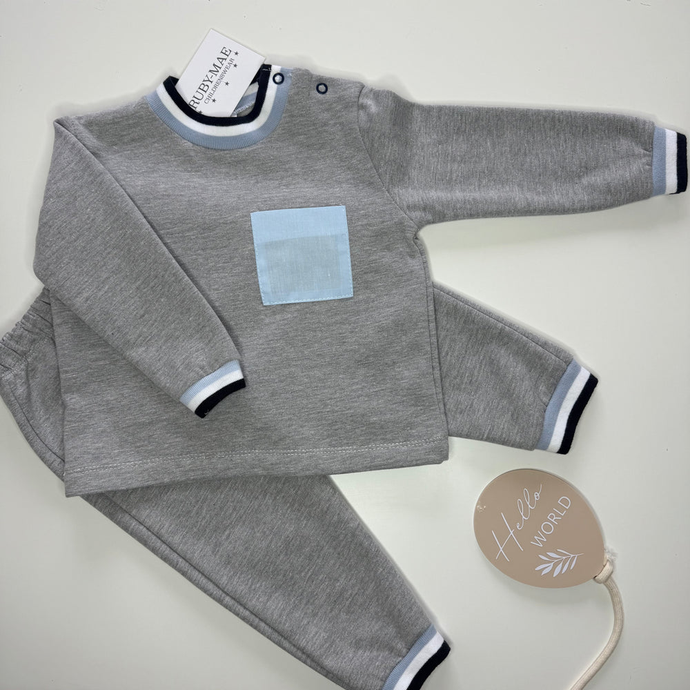 Grey With Blue Pocket Fleace Lined Tracksuit - Luca