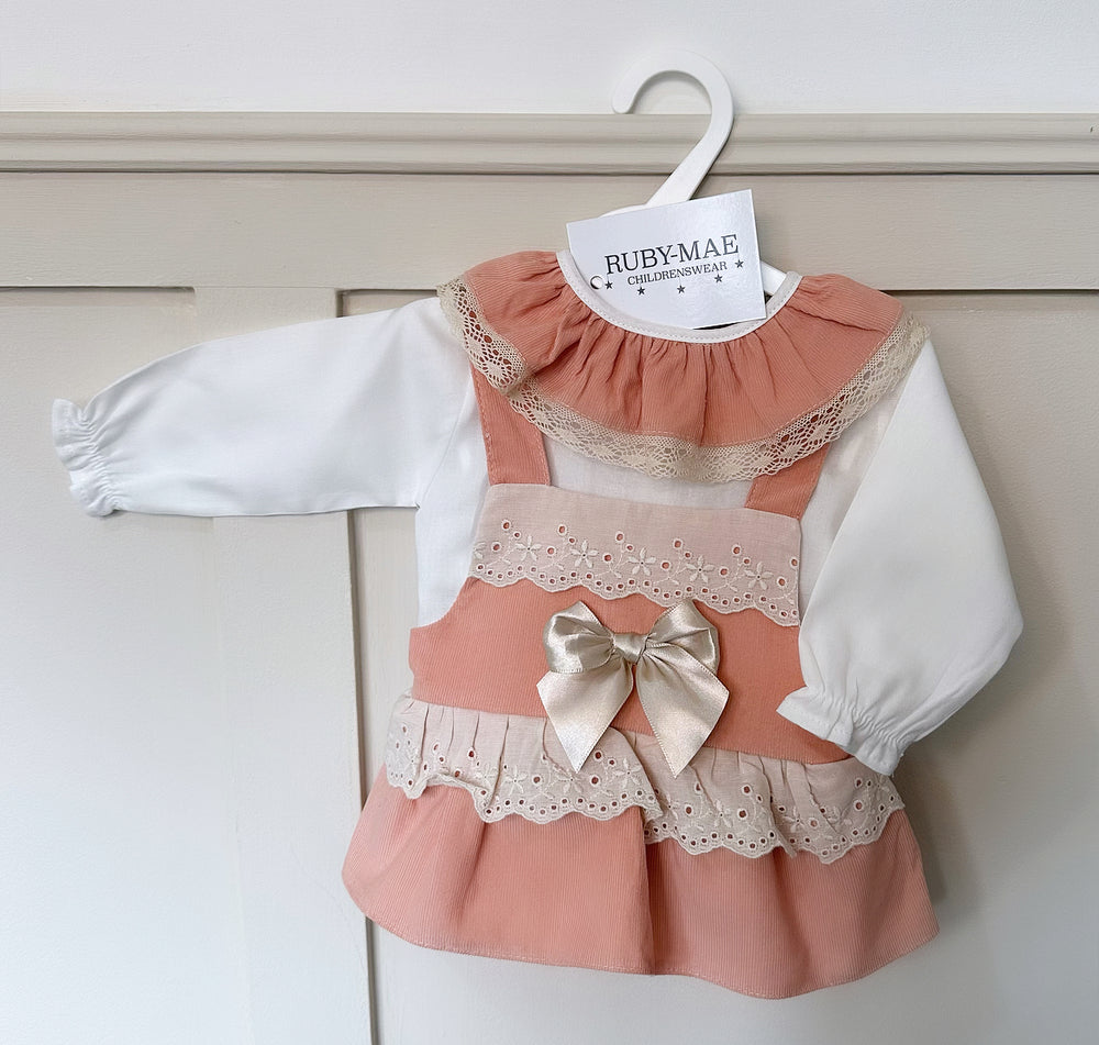 White Blouse With Matching Peach Pinafore Dress - Isla