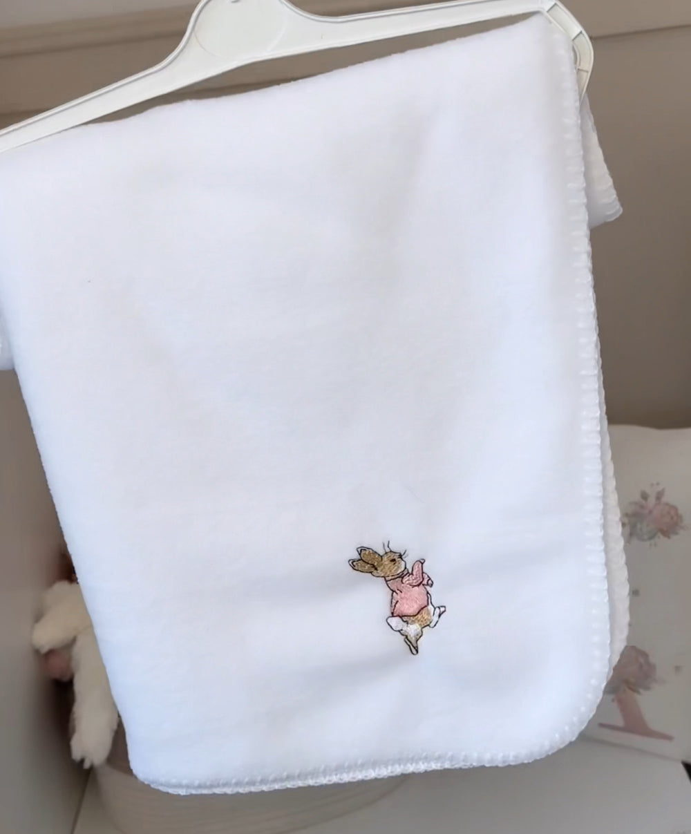White Fleece Pink Rabbit Embroidered Baby Blanket