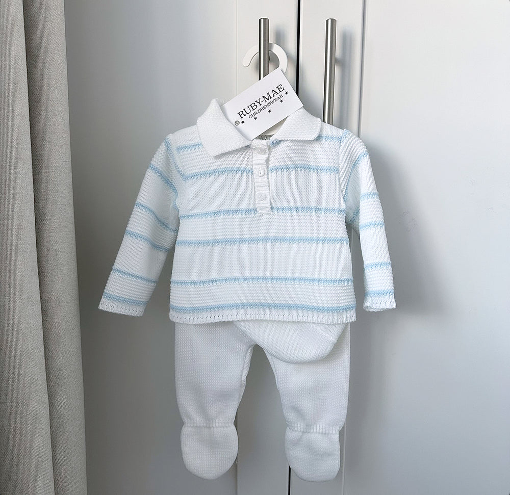 White With Blue Knitted Detail Jumper & Pants Outfit - Sol