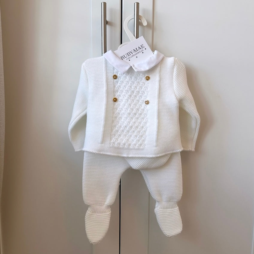 White Knitted Button Jumper & Pants Outfit - Joseph