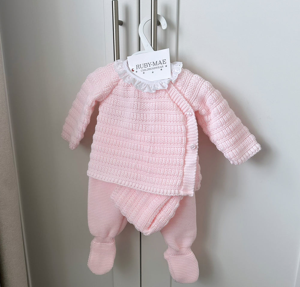 Baby Pink Knitted Jumper & Pants Outfit With Matching Hat - Amelia