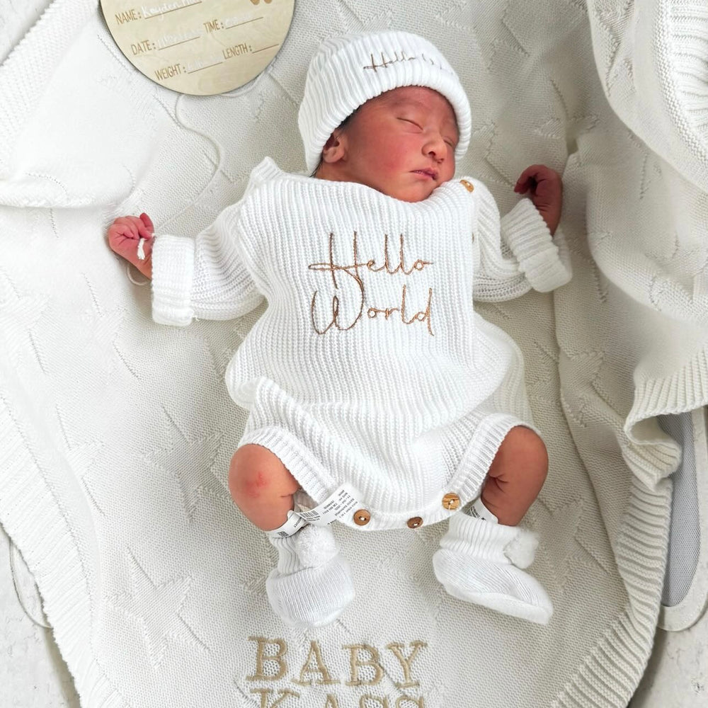 White Knitted Hello World Romper & Matching Hat - UNISEX