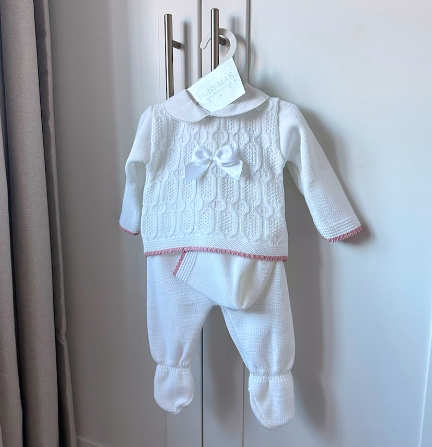 White With Dusky Pink Knitted Jumper & Pants Outfit With Matching Hat - Effy