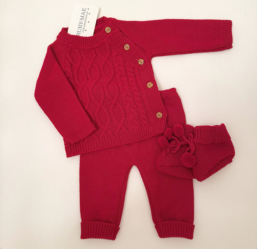 Red Knitted Jumper & Pants Outfit With Matching Booties - Sam