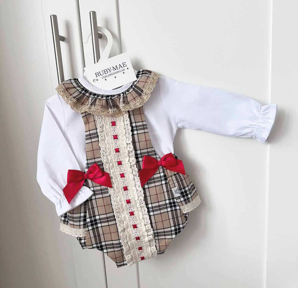 Beige Tartan TuTu Romper & Matching Blouse - Ariella