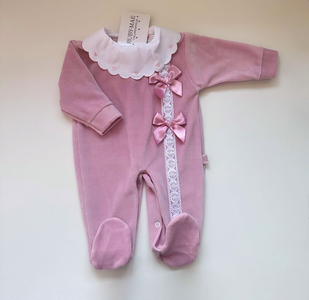 Baby Girls Dusky Pink Velour All In One Babygrow