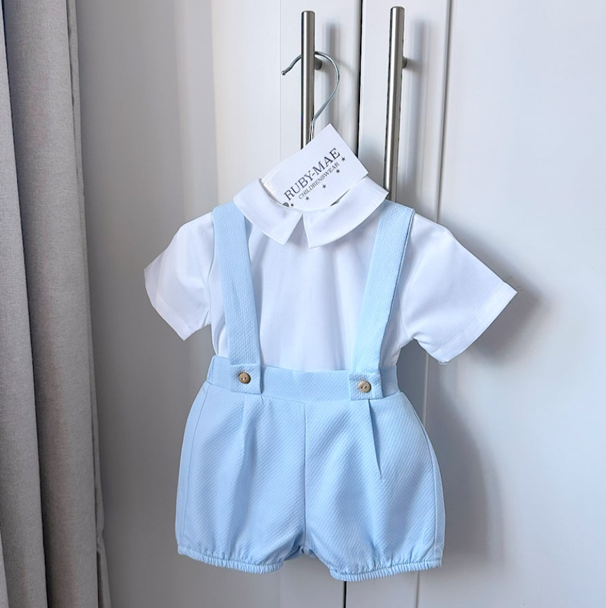 Blue Dungaree Shorts With Matching White Shirt - Brad