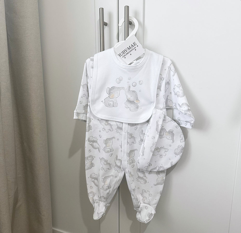 White Elephant Print Babygrow With Matching Hat & Bib