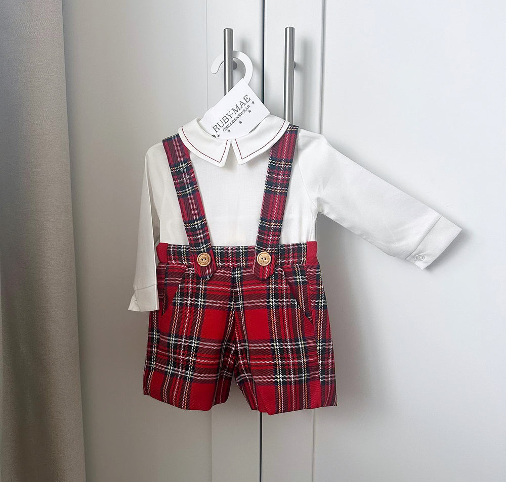 Red Tartan Dungaree Shorts With Matching Shirt - Elvis