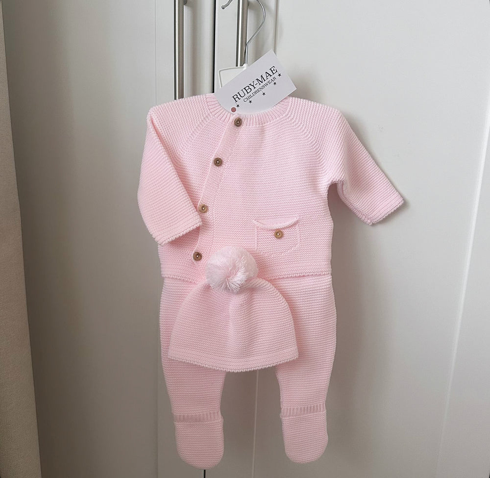 Baby Pink Button Knitted Jumper & Pants Outfit With Matching Hat - Nora