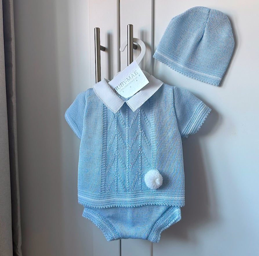 Blue Knitted Pom Pom Shorts & T-Shirt Set With Matching Hat - Arlo