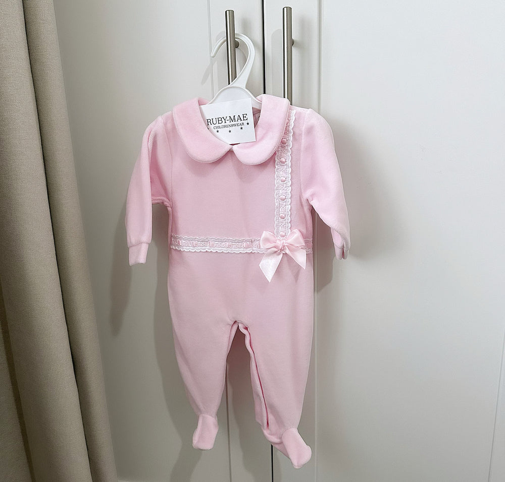 Baby Pink Bow Velour Babygrow