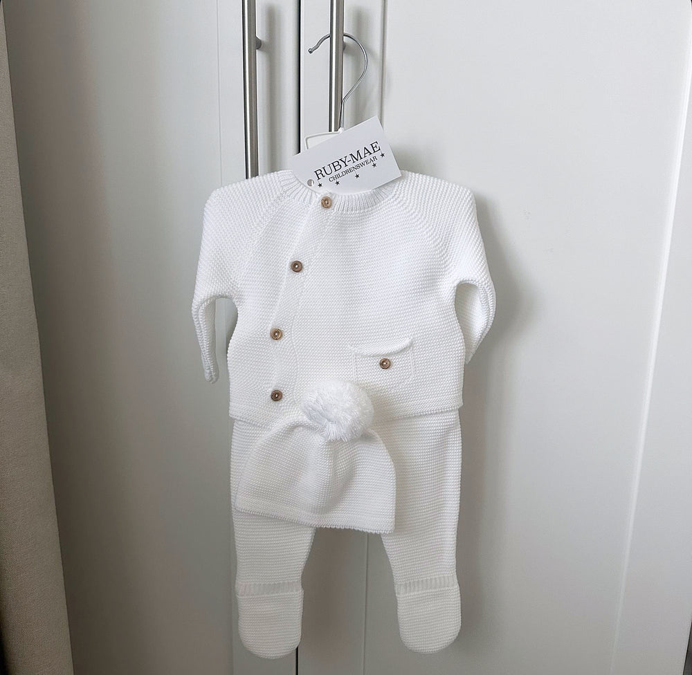 White Knitted Button Jumper & Pants With Matching Hat Outfit