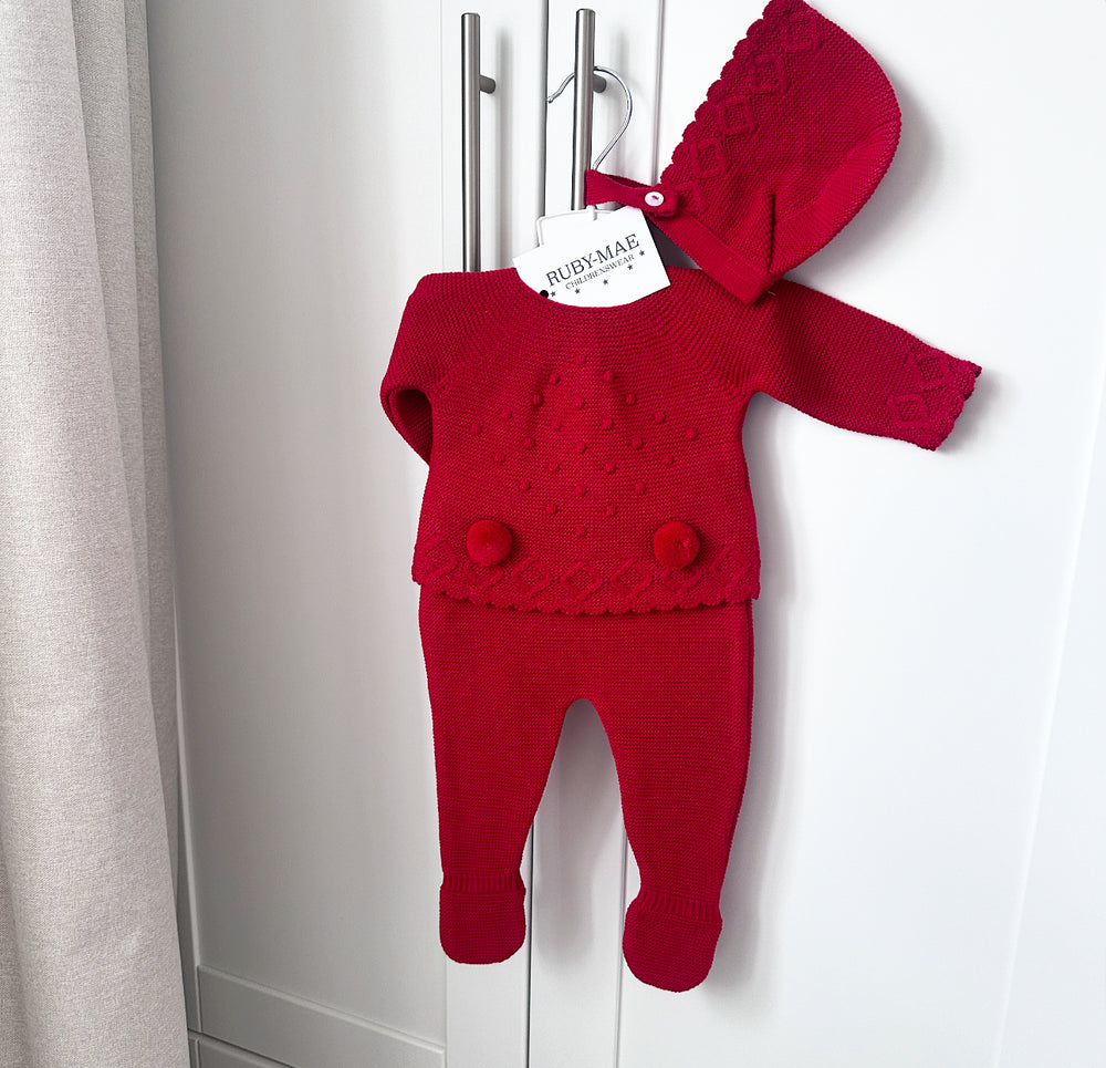 Red Pom Pom Knitted Jumper And Pants Outfit With Matching Hat