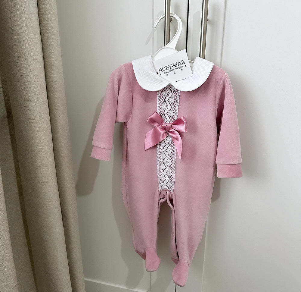 Dusky Pink Bow Velour Babygrow