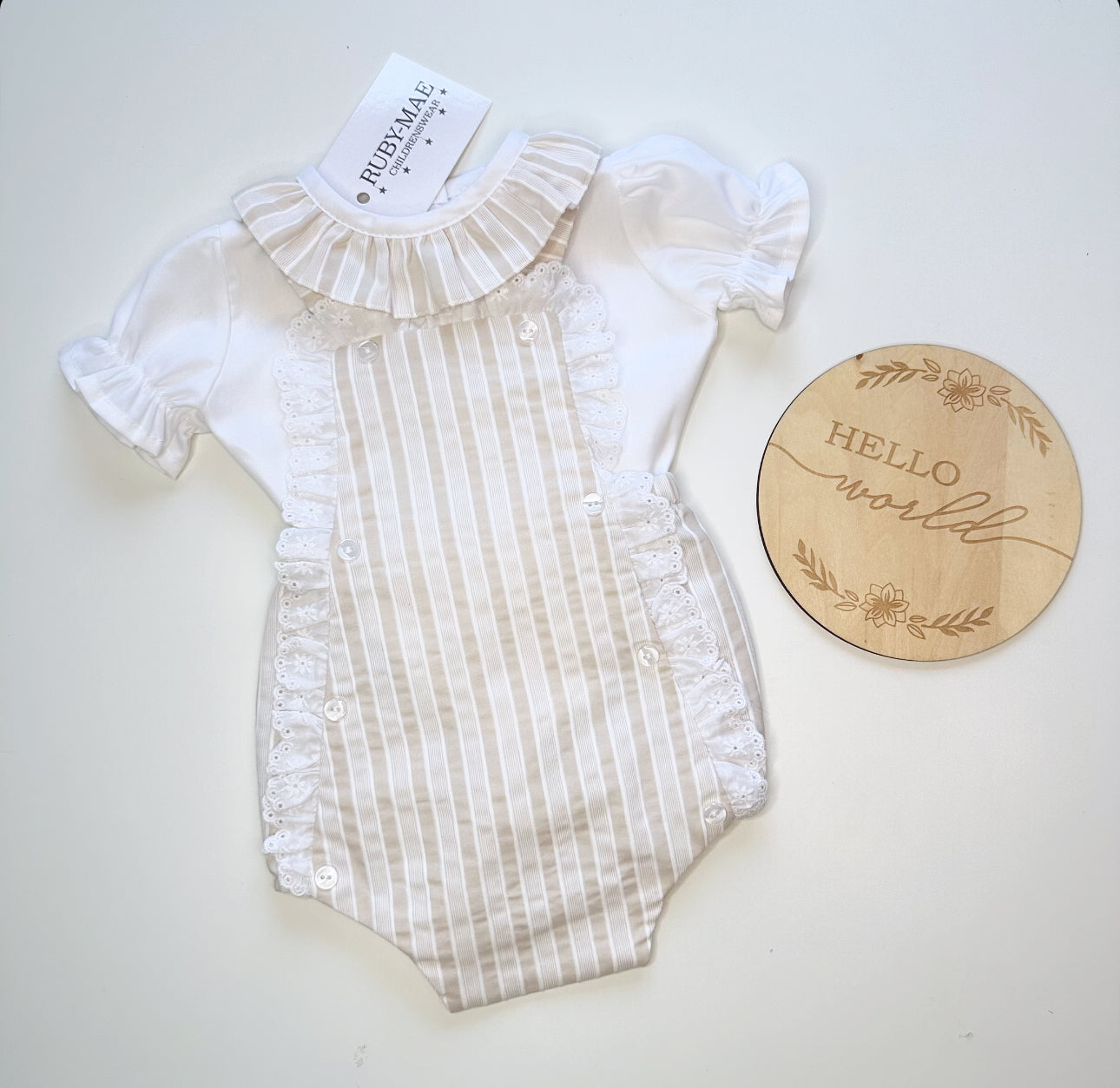 
                  
                    Beige And White Stripe Ruffle Dungaree Outfit - Adelaide
                  
                