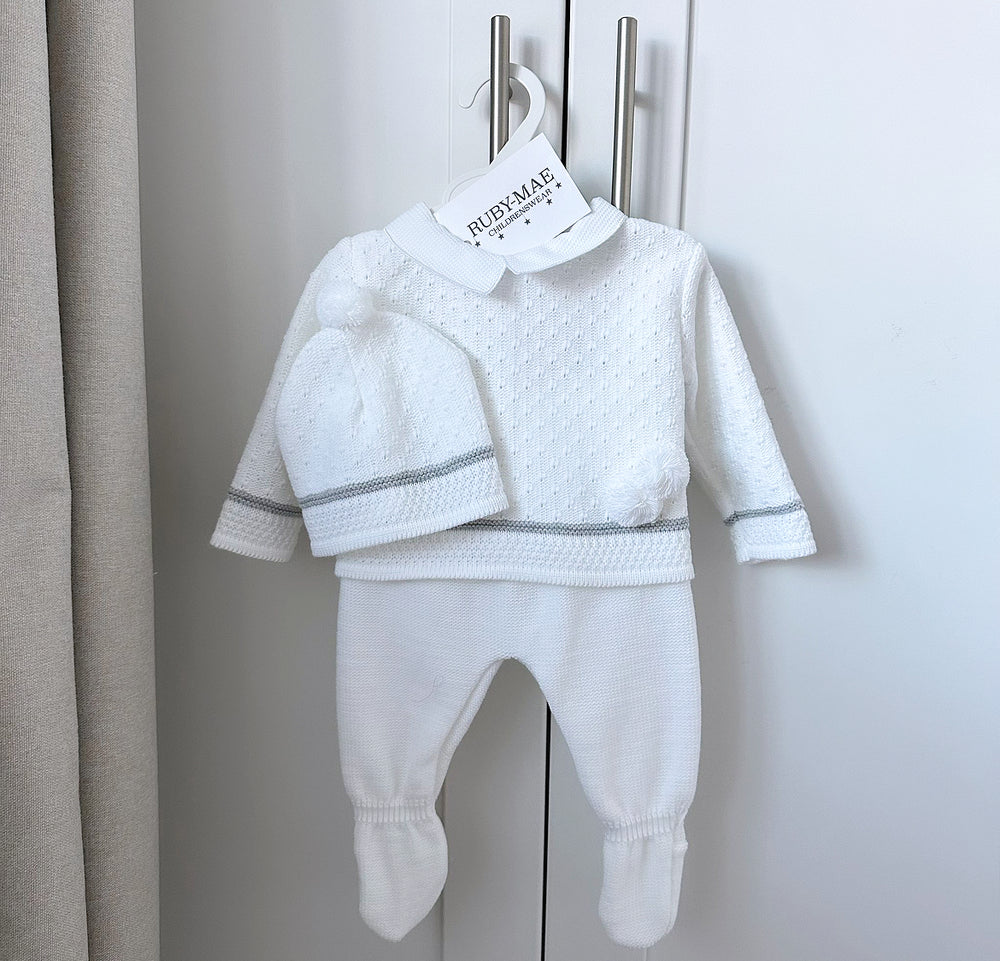 White With Grey Pom Pom Knitted Jumper & Pants With Matching Hat Outfit - Luca