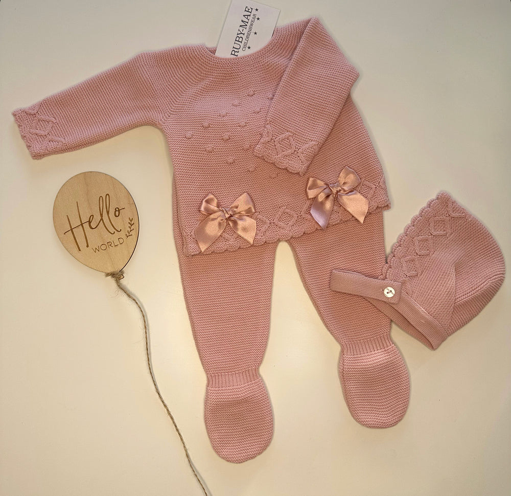 Dusky Pink Bow Knitted Jumper And Pants Outfit With Matching Hat - Elisha