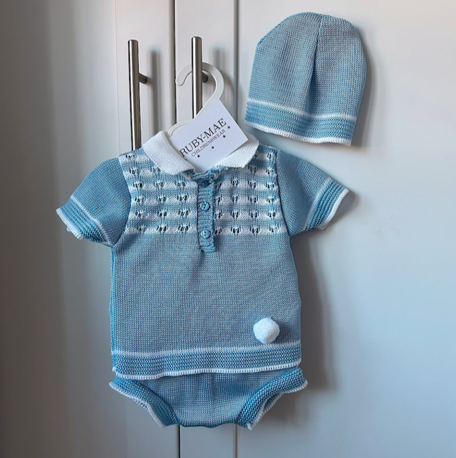 Blue & White Knitted Shorts & T-Shirt Set With Matching Hat - Sol