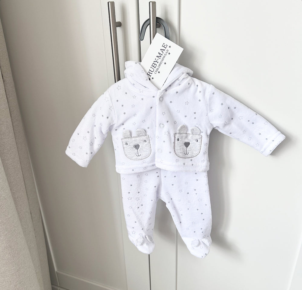 TINY BABY - White Velour Welcome To The World Jumper / Jacket & Pants Outfit