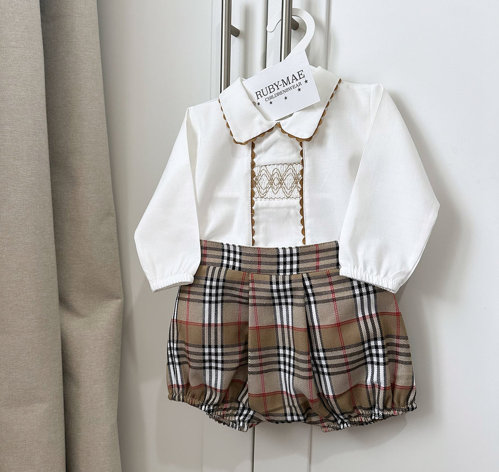 Beige Check Shorts & Matching Smock Detailed Shirt - Reign