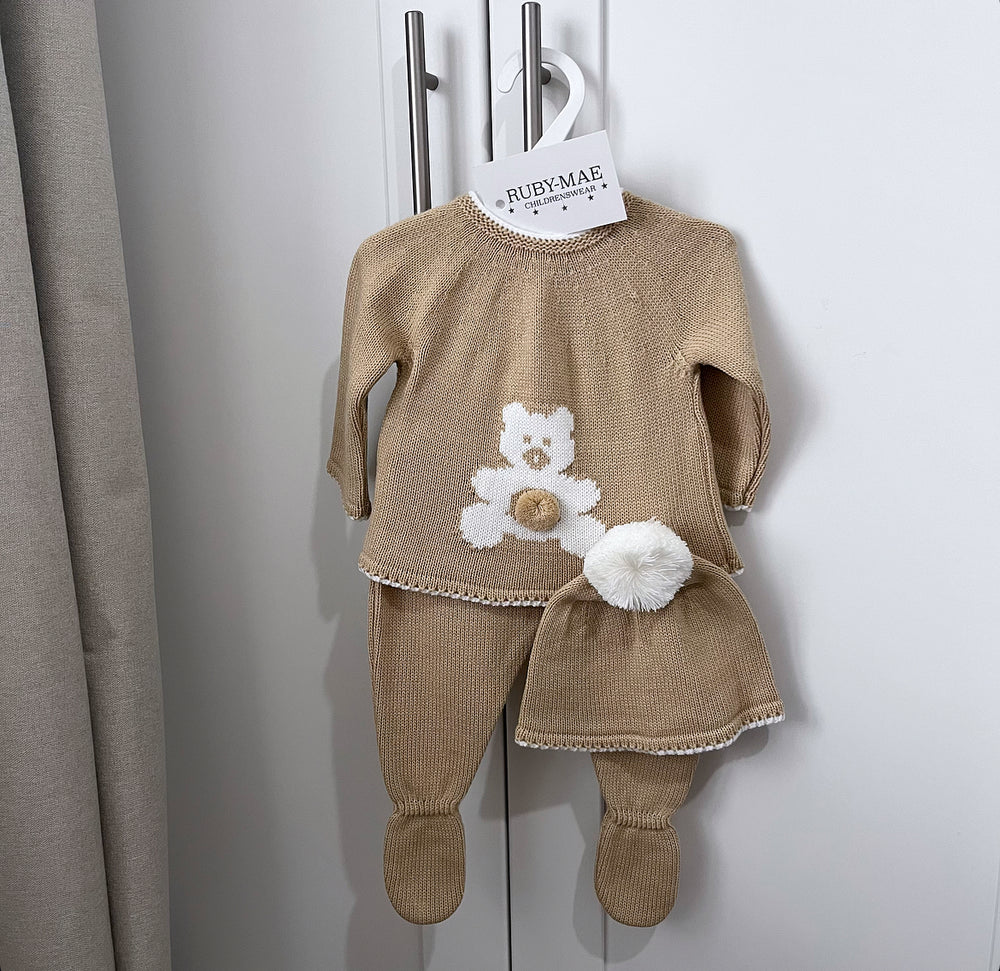 Camel With White Teddy Knitted Jumper Pants & Matching Hat Outfit - UNISEX