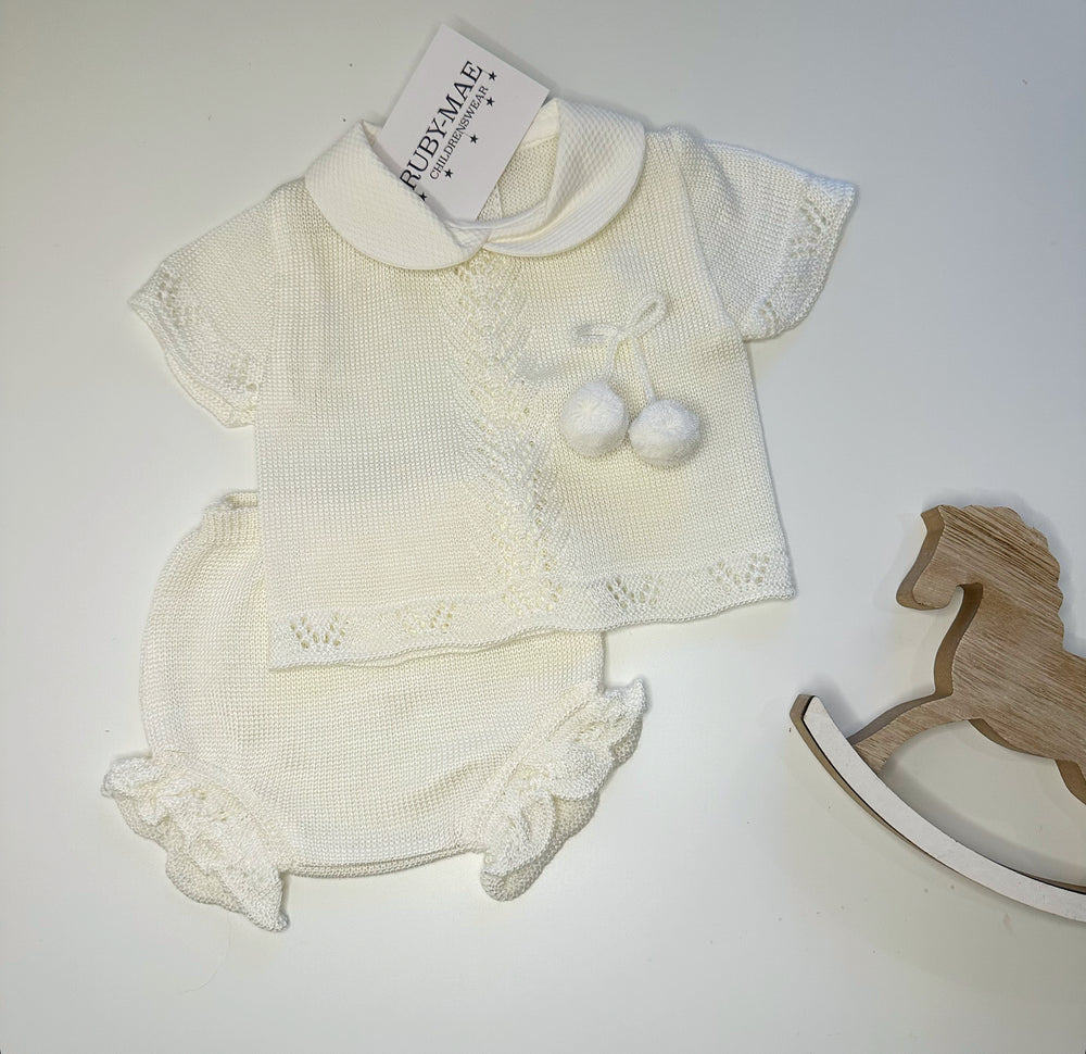 Cream Knitted Pom Pom Top & Frill Bloomers Outfit - Emma