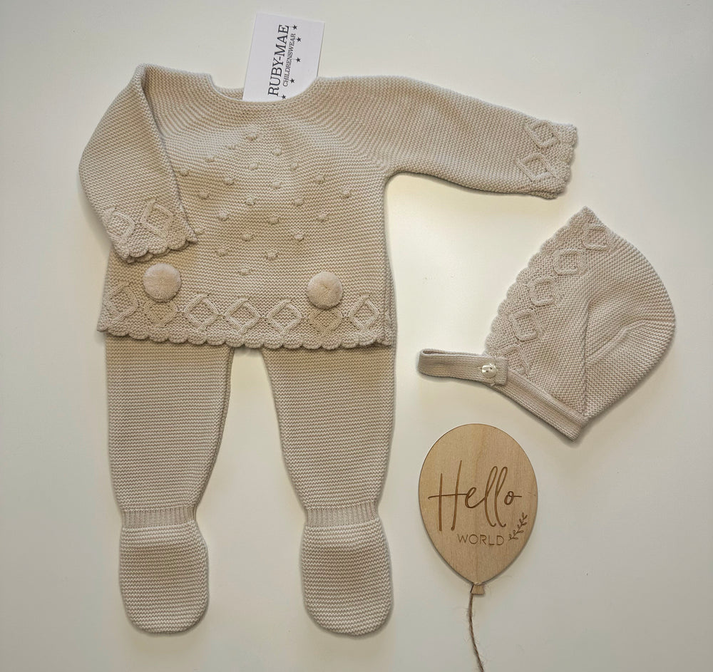 Camel Pom Pom Knitted Jumper And Pants Outfit With Matching Hat