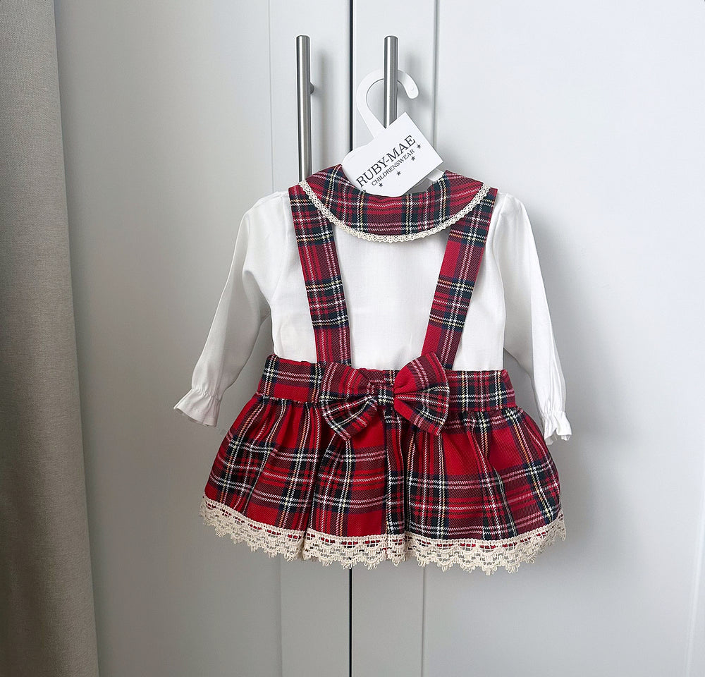 Red Tartan Dungaree Skirt With Matching Blouse - Elodie