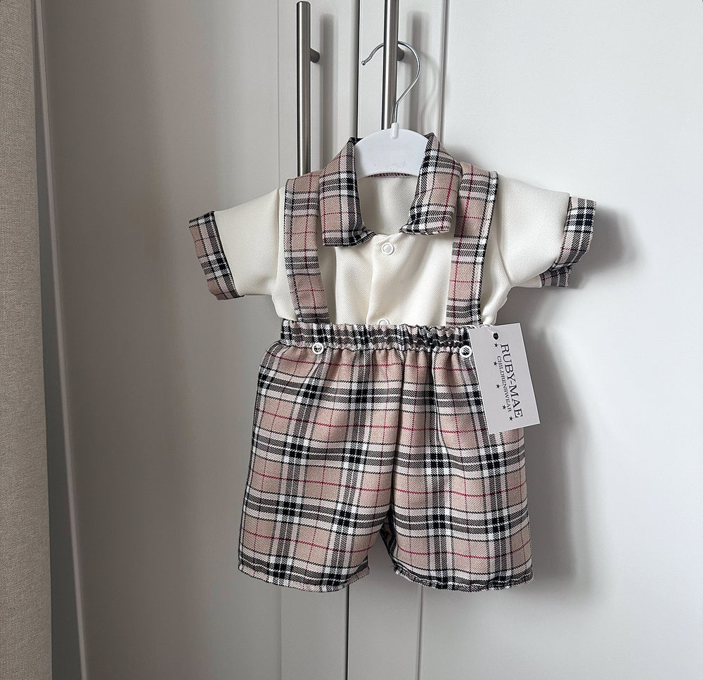 Beige Check Dungaree Shorts & Matching Cream Shirt - Harvey