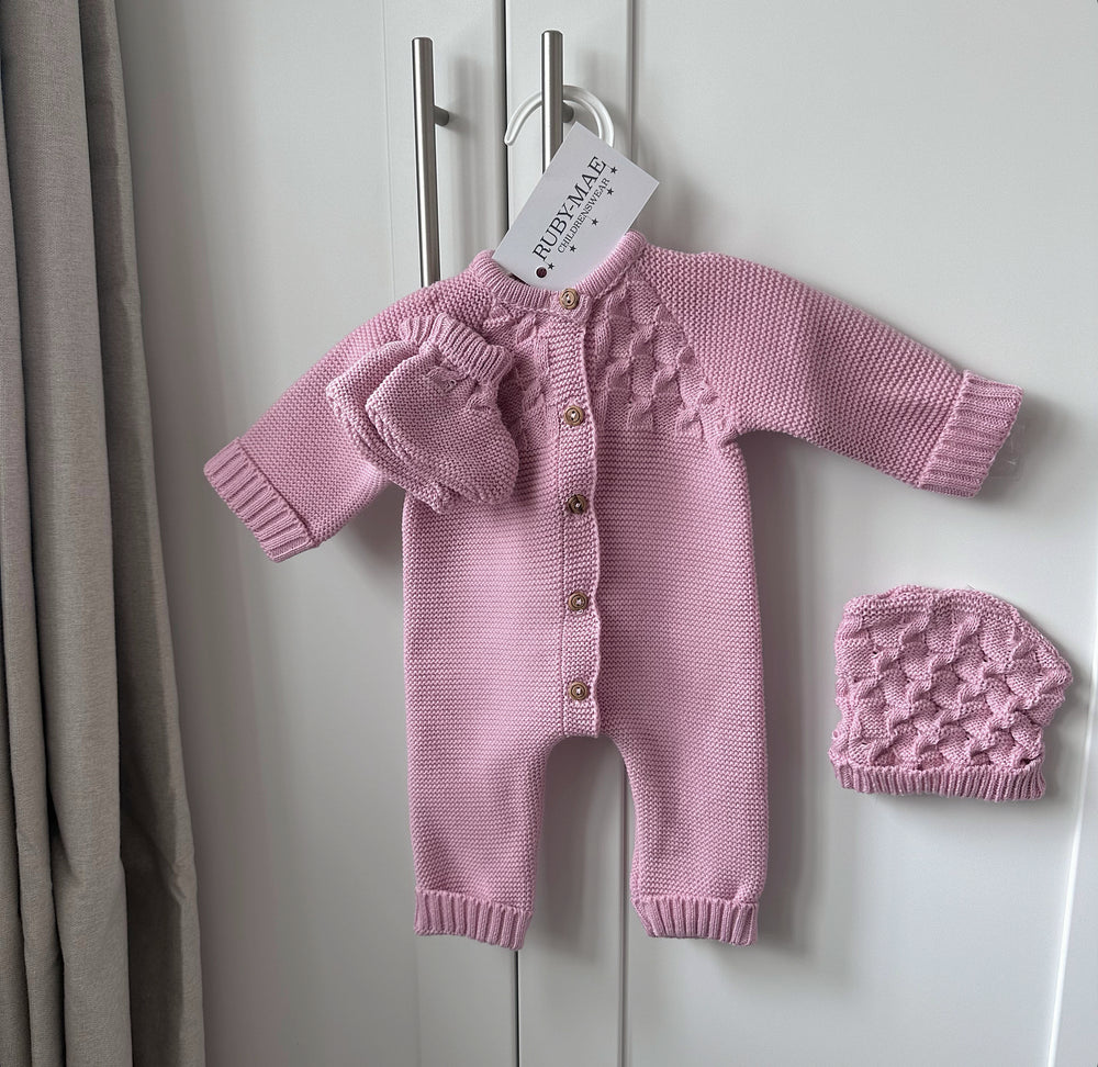 Dusky Pink Knitted All In One With Matching Hat & Botties - Kelise