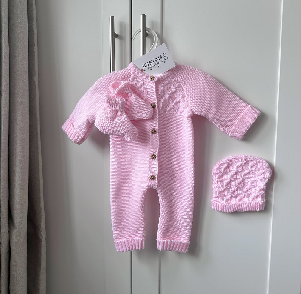 Pink Knitted All In One With Matching Hat & Botties - Kelise