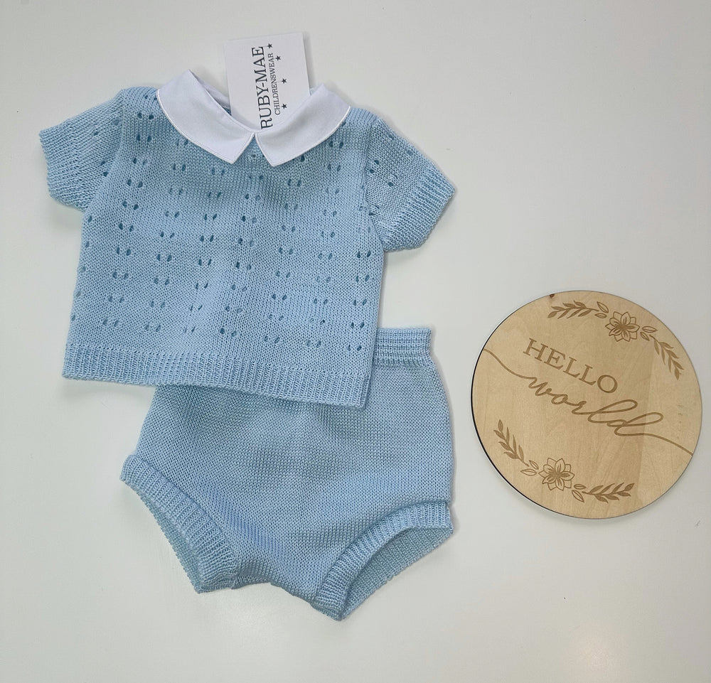 Blue Pointelle Knitted Two Piece Set - Fynn