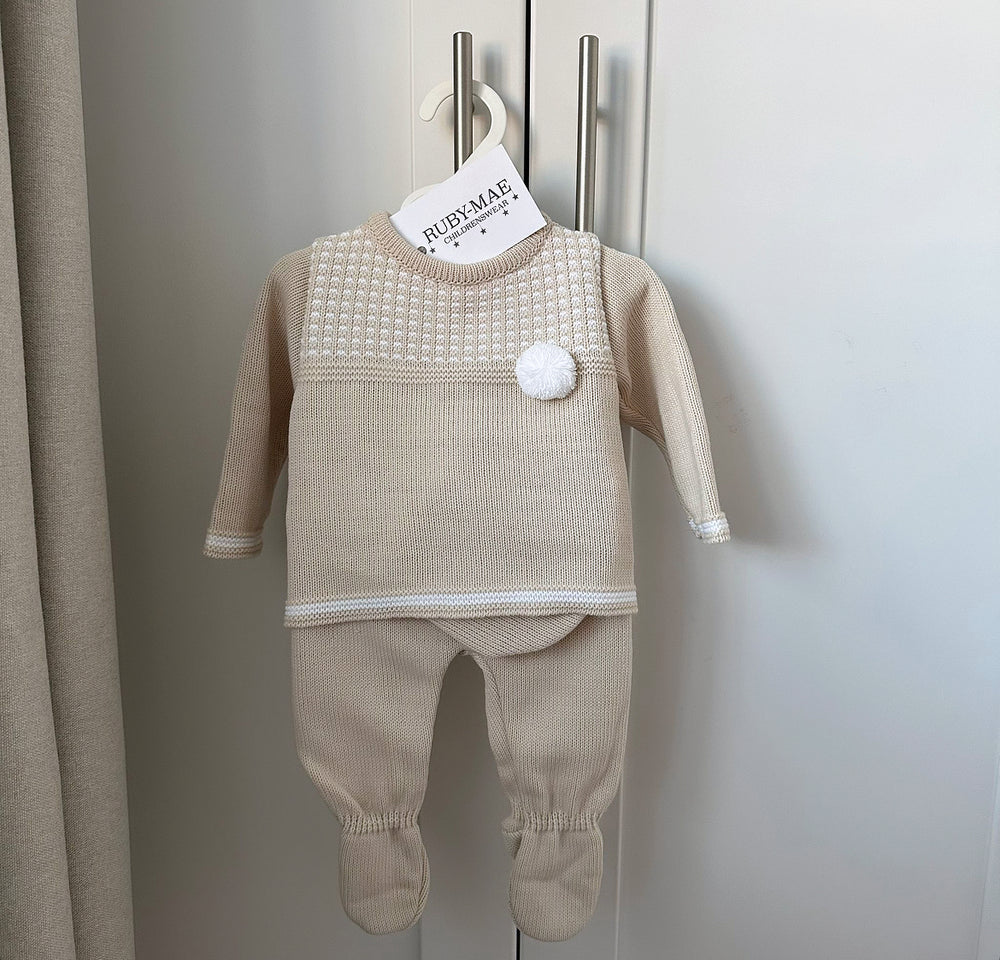 Beige Knitted Pom Pom Jumper & Pants Outfit - Nathan