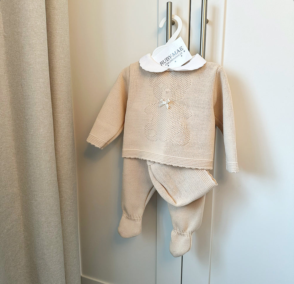 UNISEX Beige Teddy Knitted Jumper & Pants With Matching Hat-Charlie
