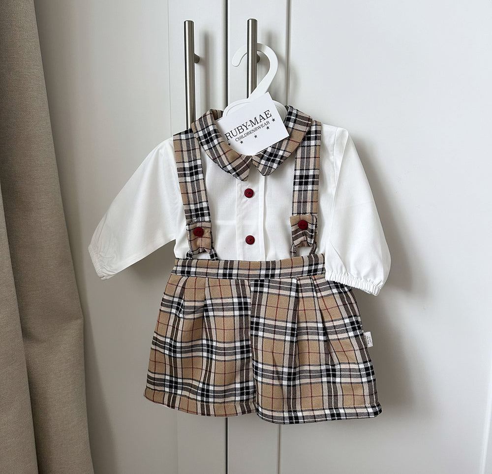 Beige Check Dungaree Shorts & Matching Shirt - Rocco