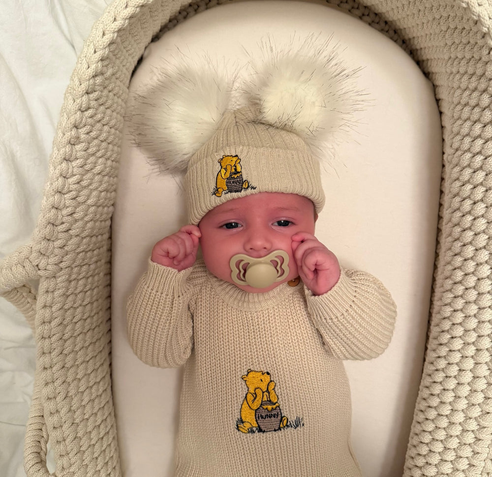Camel Bear Ribbed Faux Fur Pom Pom Hat