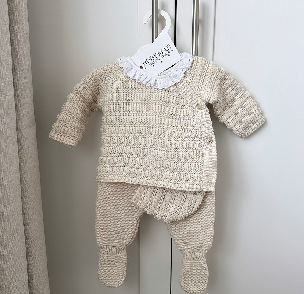 Beige Knitted Jumper & Pants Outfit With Matching Hat - Amelia