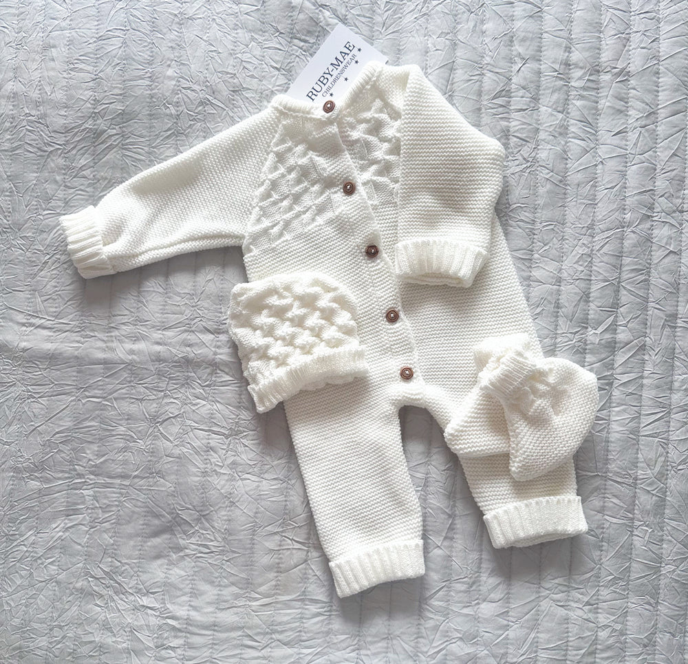 UNISEX Cream Knitted All In One With Matching Hat & Booties - Cami