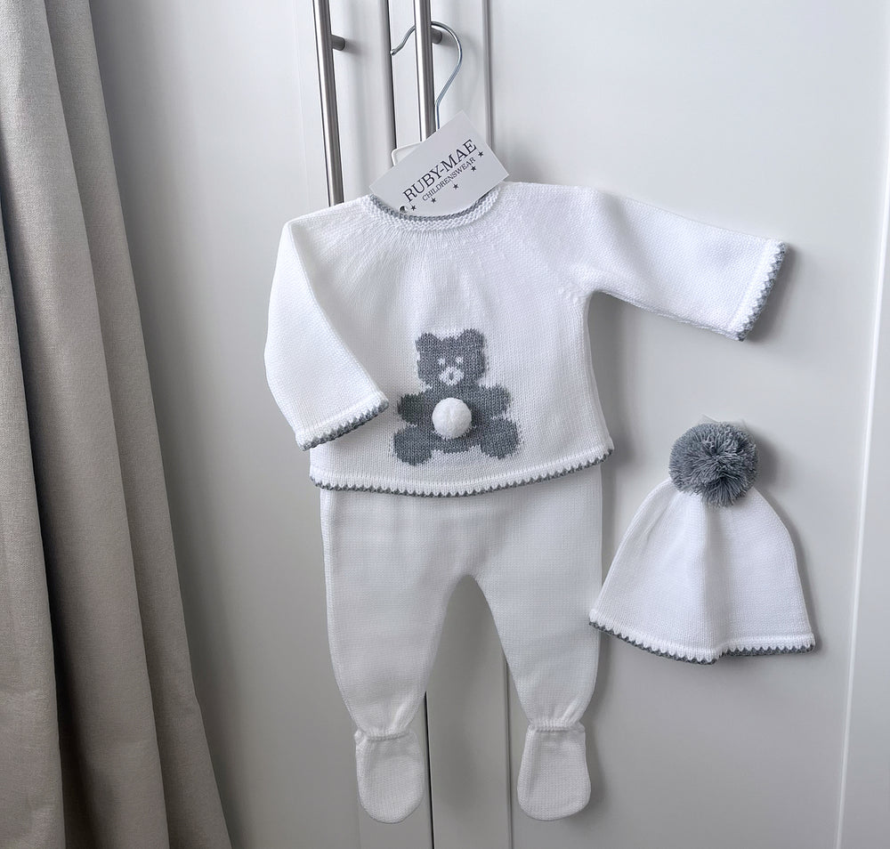 White With Grey Teddy Knitted Jumper Pants & Matching Hat Outfit - UNISEX